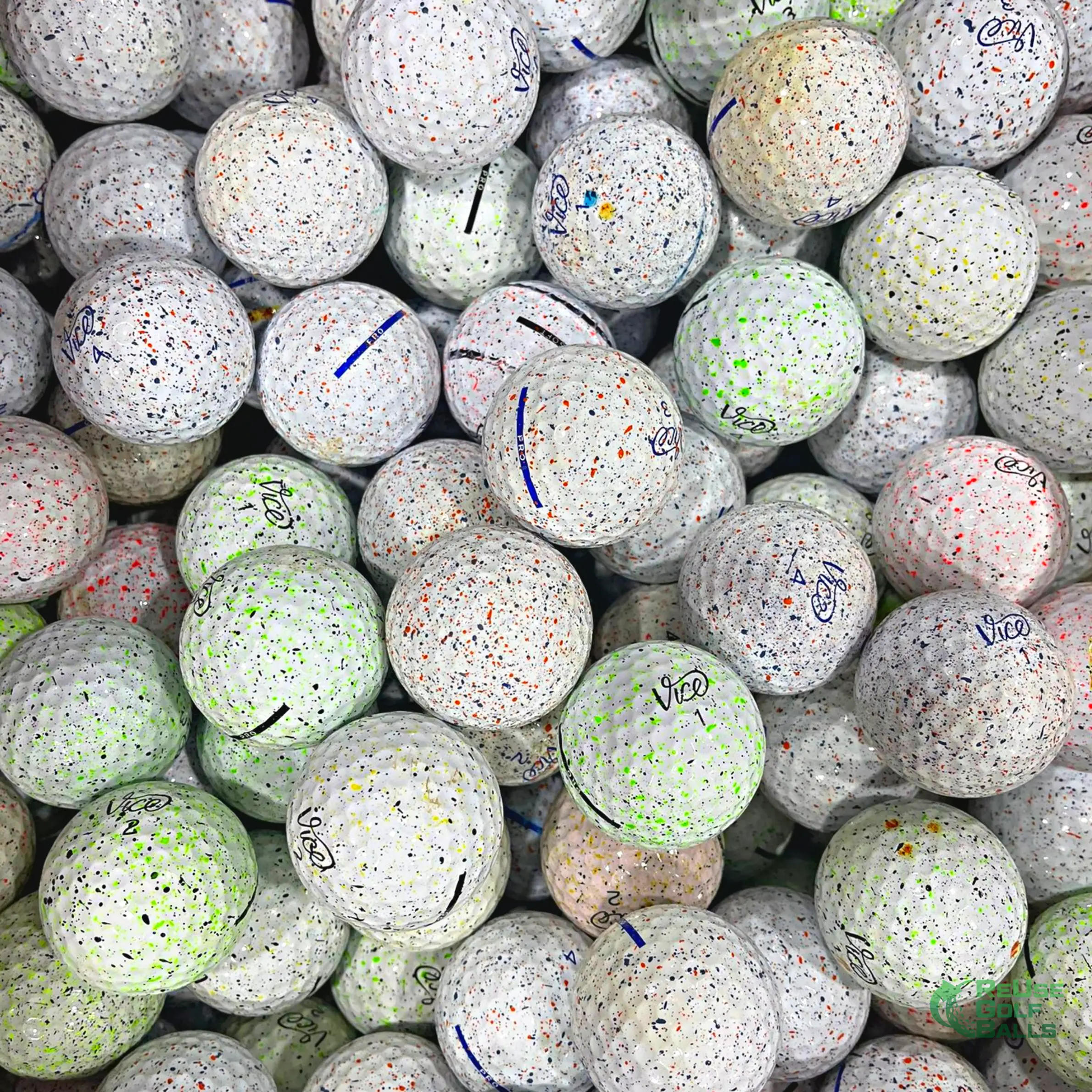 Used Vice Drip golf balls – unique spotty multicoloured golf balls with premium performance soft feel and great spin control