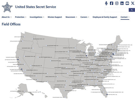 Map of the United States showing locations of U.S. Secret Service field offices available to assist victims of cryptocurrency-related financial loss.