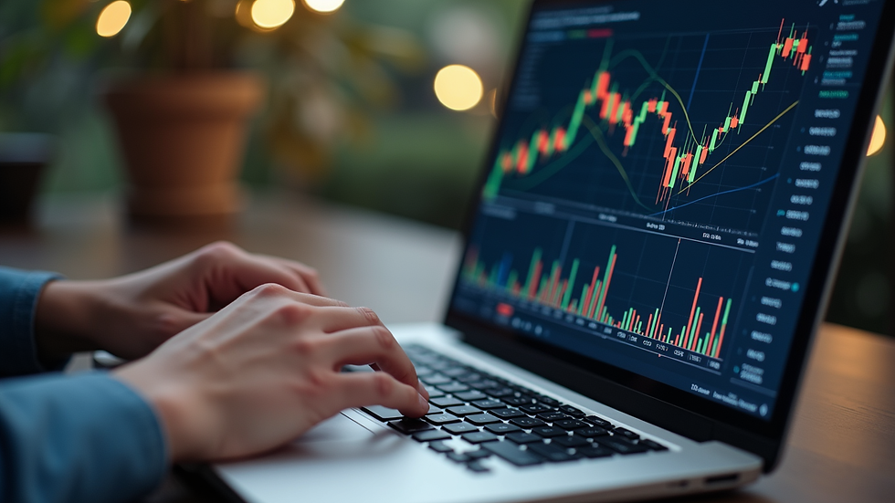 High angle view of a person typing on a laptop with cryptocurrency charts on screen