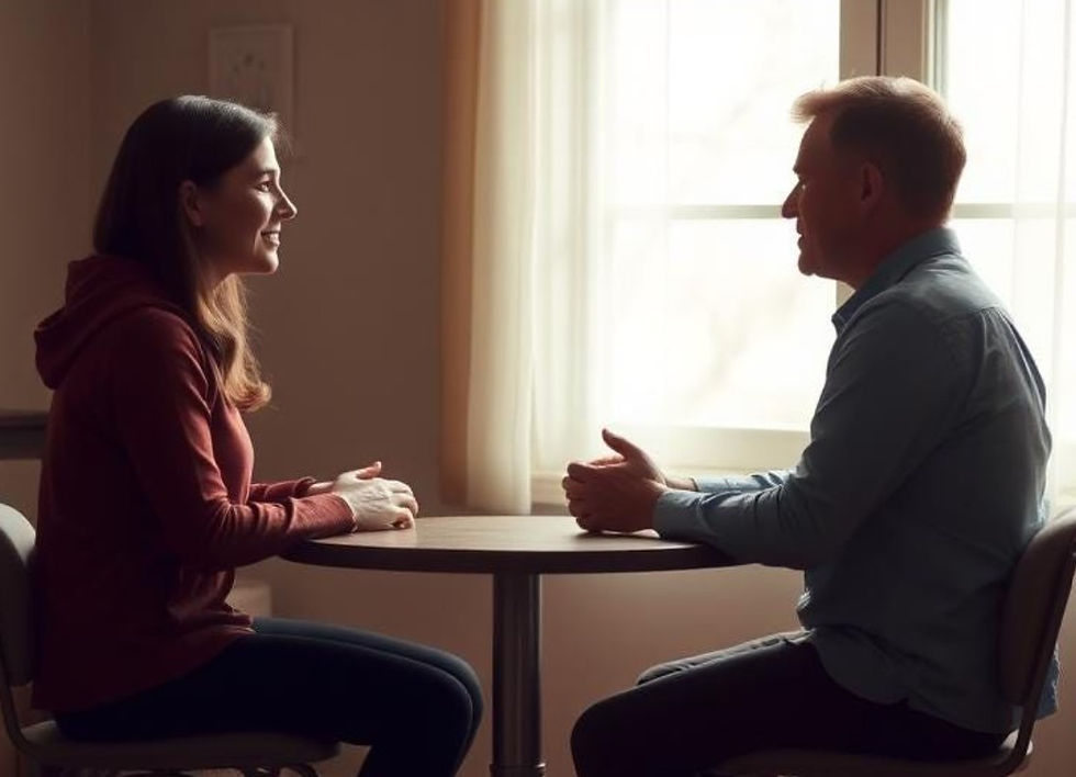 Couple sitting at a kitchen table having a supportive conversation, symbolizing emotional connection and recovering from a crypto scam.