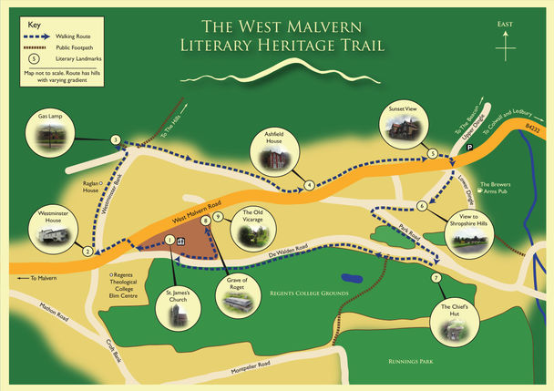 West Malvern Literary Heritage Trail map: key, route, points of interest