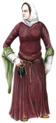 Medieval woman in burgundy gown and white hood
