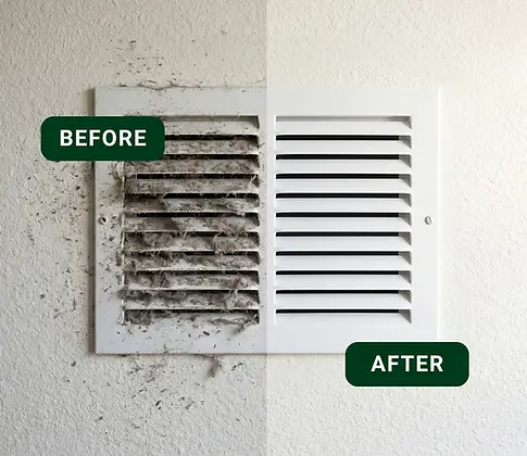 Close-up split image of an air vent showing heavy dust and debris buildup labeled “Before” on one side and a clean, restored vent labeled “After,” highlighting the results of Green Duct Services.