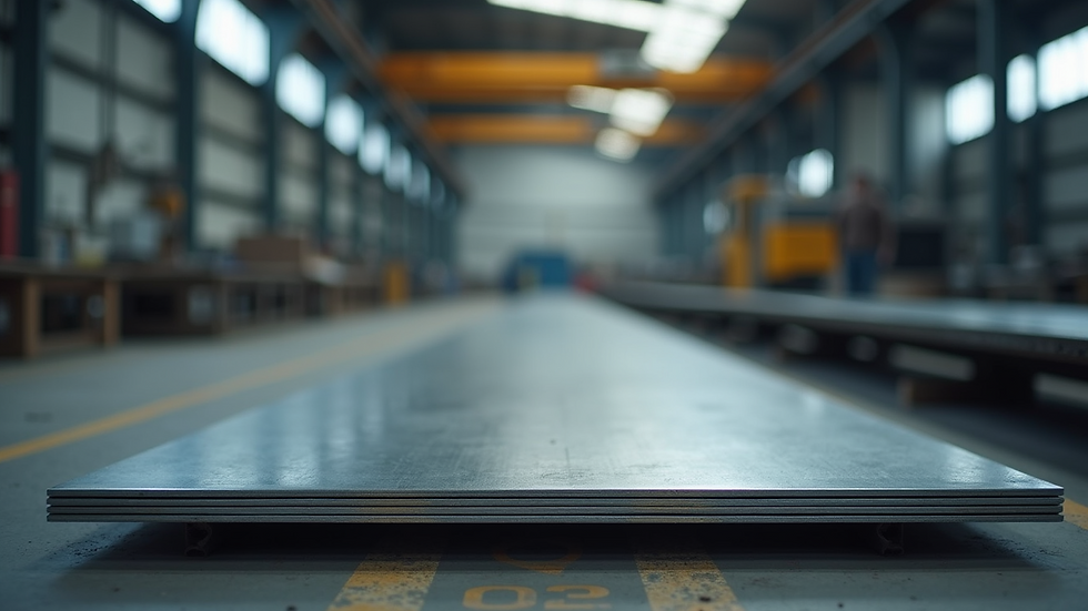 Eye-level view of factory floor with metal sheets ready for manufacturing
