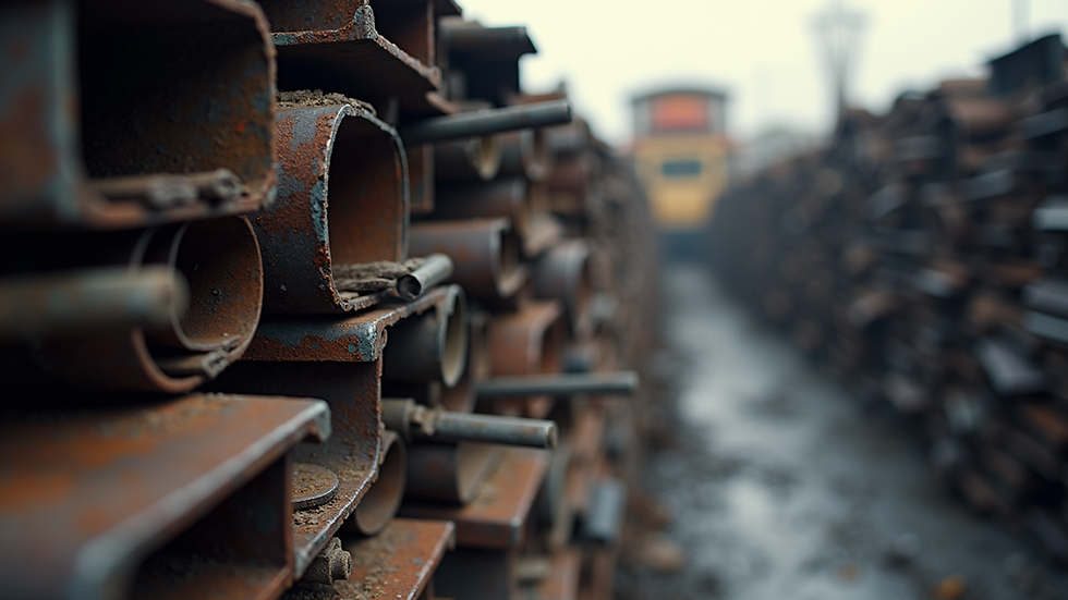 Close-up view of stacked scrap metal pieces in a recycling yard