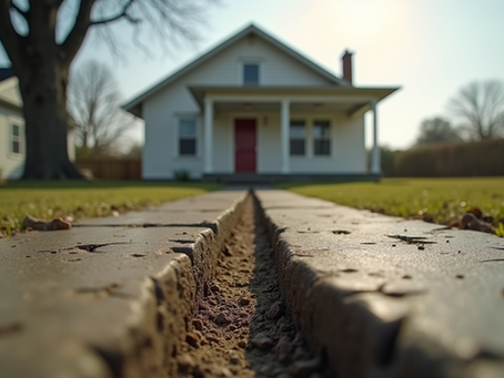 a white house with a large crack leading up to the front door