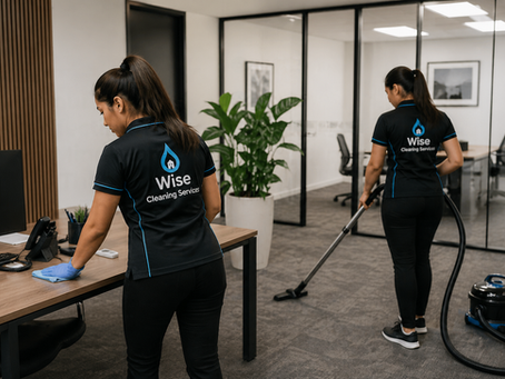 Professional office cleaning in Brisbane by Wise Cleaning Services, cleaners vacuuming and disinfecting a modern corporate workspace