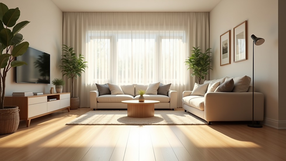 Eye-level view of a clean and tidy living room with sunlight streaming through windows