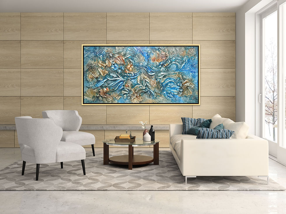 BEACH TREASURES IN BLUE. Extra Large 3D Wall Art Abstract Textured Painting