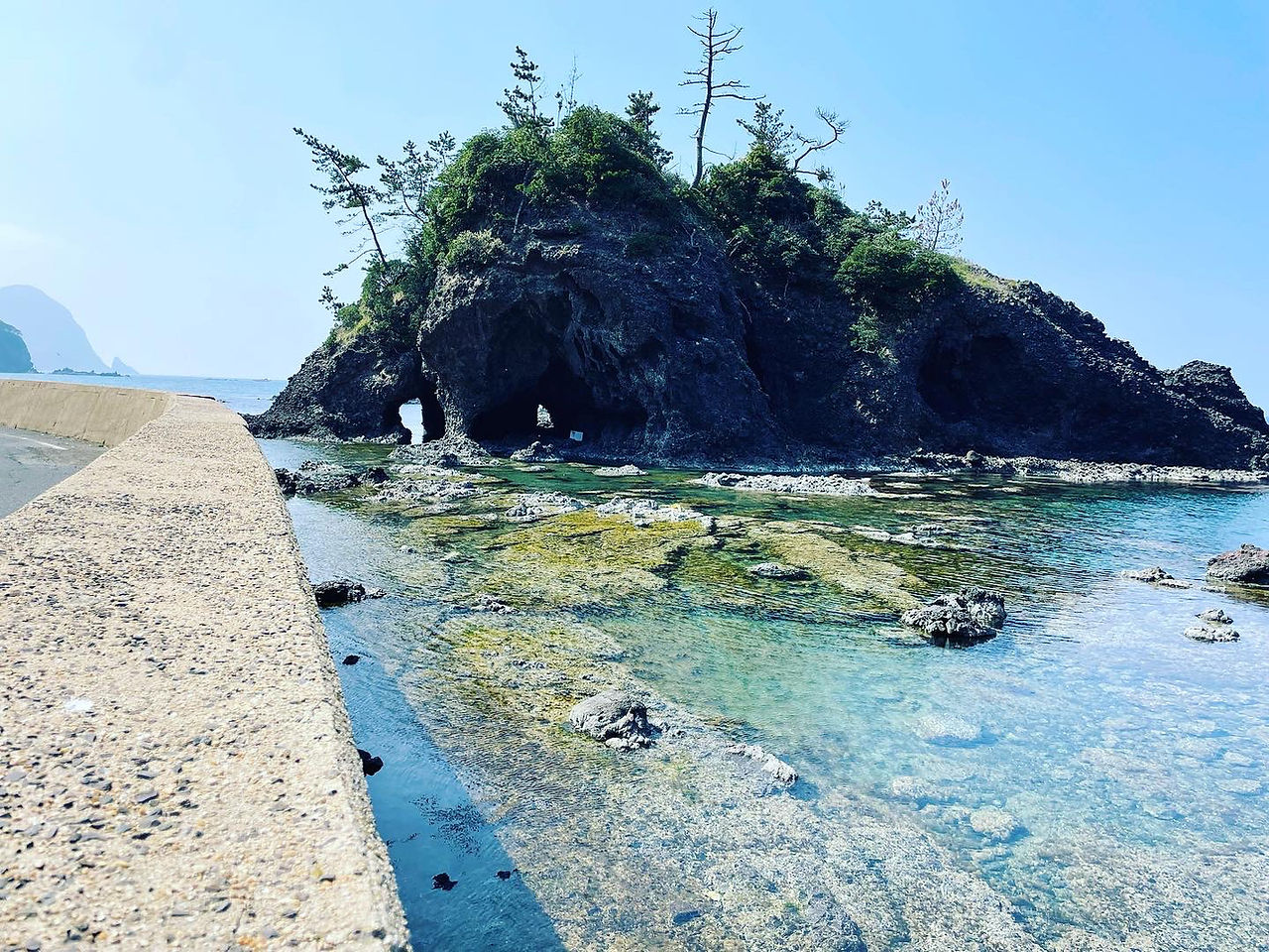 久僧海岸～中浜港へ続く道路にある奇岩「城岩」お城の様な岩は、初夏にはツバメたちの営巣でにぎやかになります・宇川観光案内所