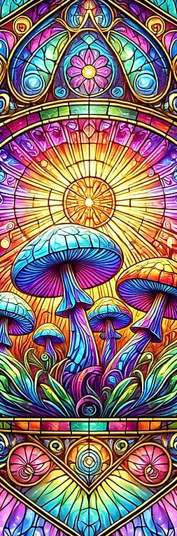 DALL·E 2025-02-12 10.54.50 - A vibrant stained glass artwork featuring psychedelic mushroo