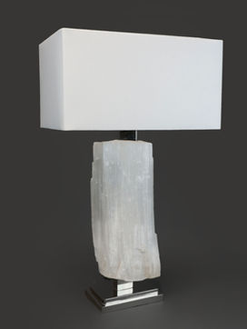 Solid selenite body lamp.
Base options are:
acrylic base, black obsidian, stepped metal, or metal plate.
Shown with stepped base.
Polished nickel finish.
27"H
(custom size available)
All lamps are one of a kind.