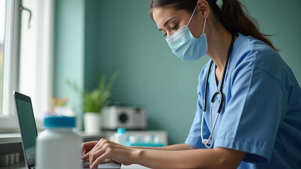 Eye-level view of a nurse preparing medical supplies in a home setting