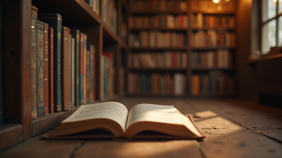 Eye-level view of a cozy storytelling corner with books and a warm light