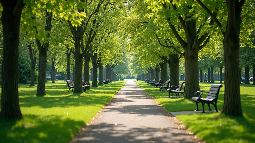 Eye-level view of a green park with walking trails and benches