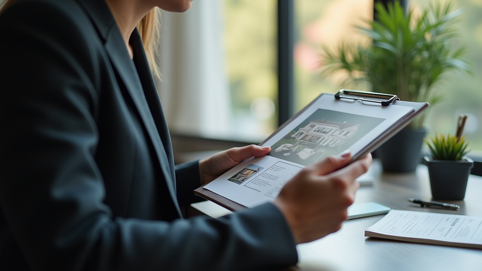 Close-up view of a real estate agent showing a property brochure