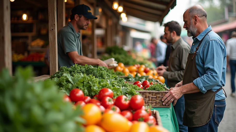 High angle view of a busy local farmers’ market with fresh produce