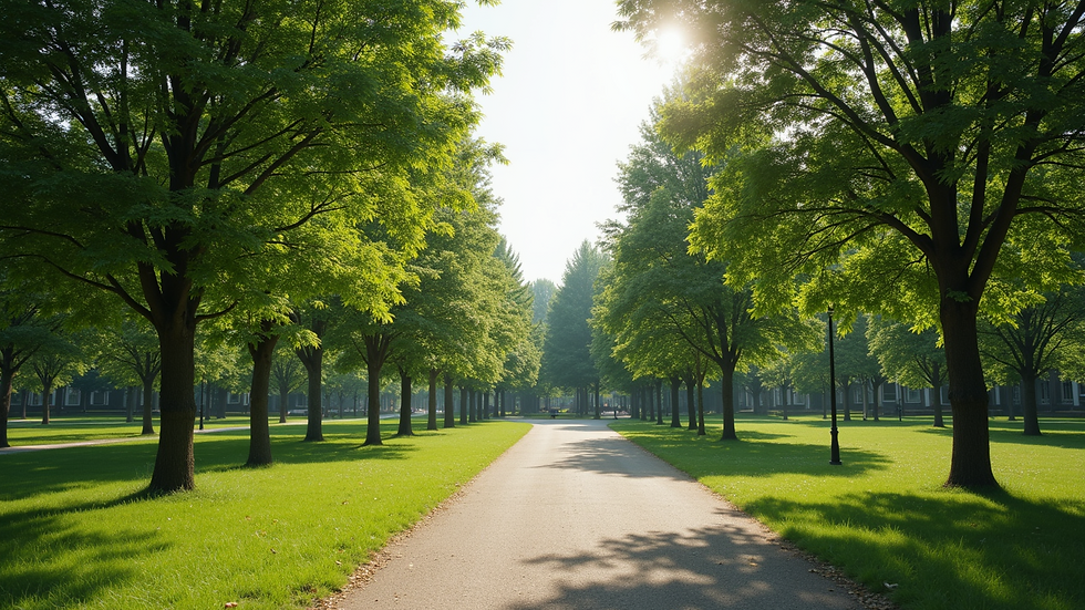 Wide angle view of a local park with walking paths and green trees