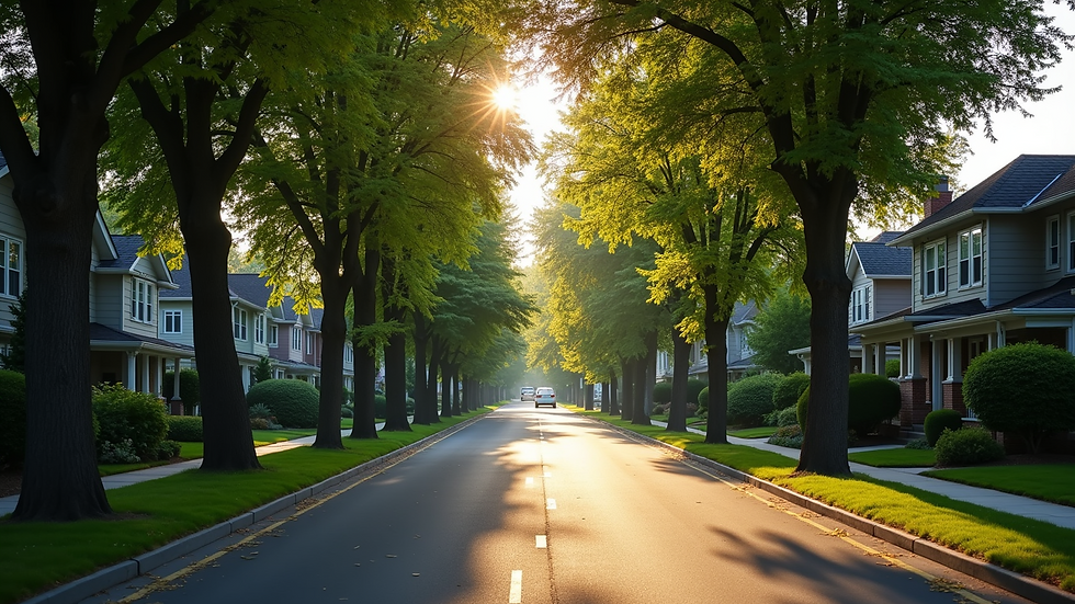 High angle view of a quiet residential street lined with trees