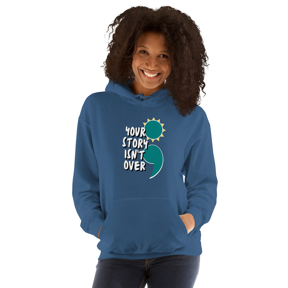 Thumbnail: A Black woman with curly shoulder length hair is wearing a blue hoodie and smiling. Your story isn't over is overlaid in upper case white handwriting text, with the still you rise teal semicolon with sunburst on the right.