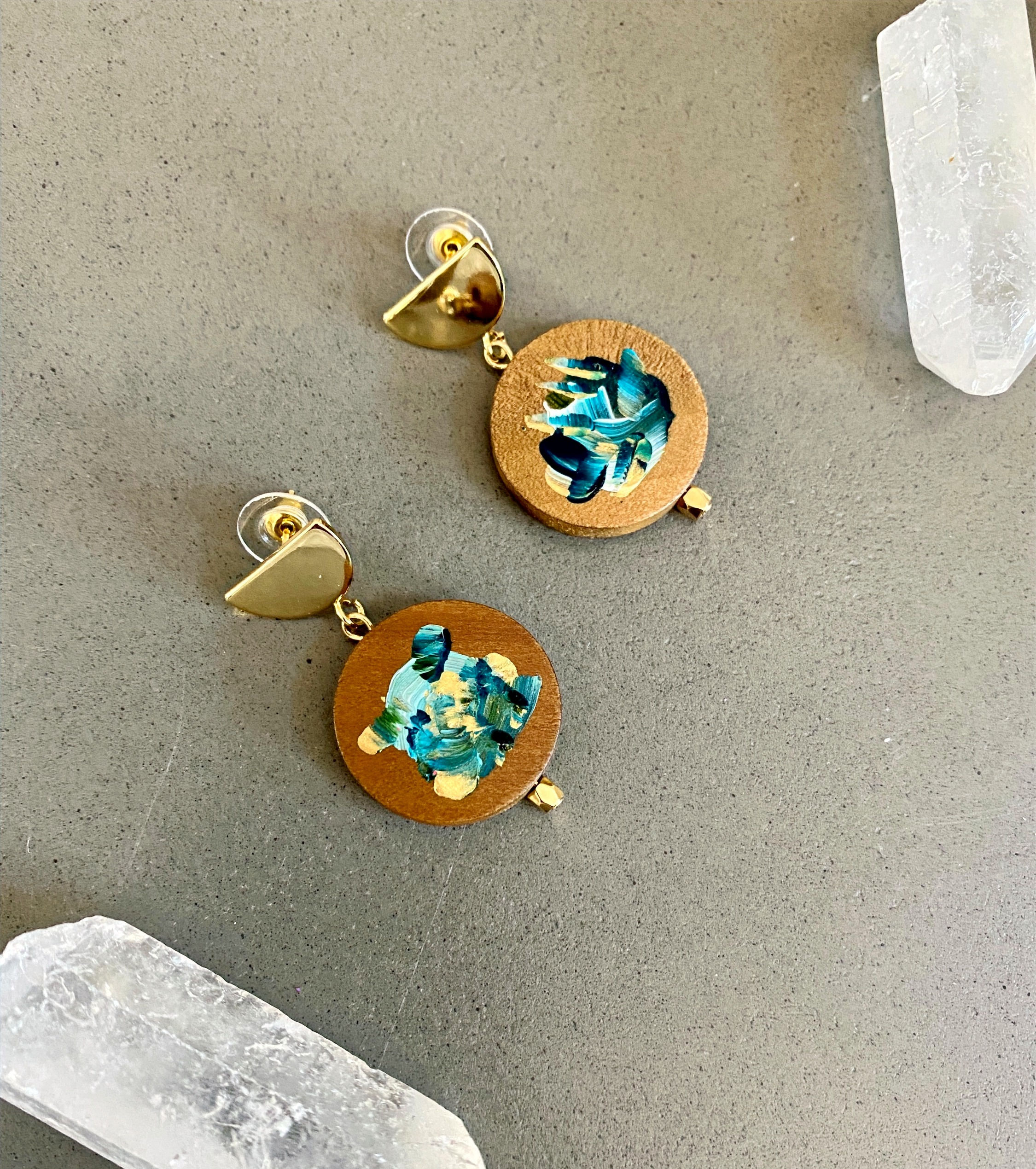 Abstract Handpainted Earrings - Turquoise & Gold