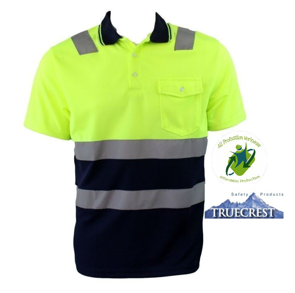 TUECREST® Hi-Vis Short Sleeve Polo Shirt Top Reflective Tape Two-tone Lime