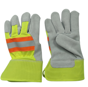 Leather palm glove made of grey split leather with a hi-vis back strap, lime green plyester back and matching rubberized safety cuff, with a brushed polyester lining under the palm