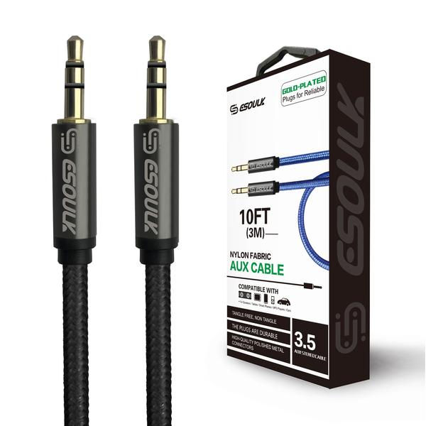 Esoulk 3M [10ft] Nylon Fabric Tangle-Free Male To Male 3.5mm Auxiliary Cable Bla