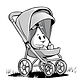 Stroller with a hershey kiss character sitting in the stroller cartoon in black and white