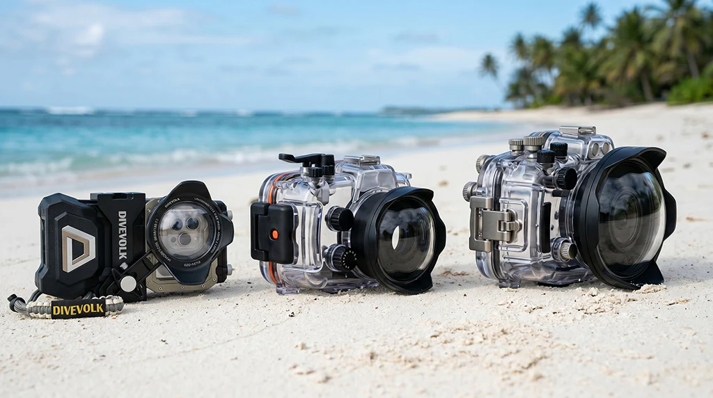 Diferentes tipo de cámaras submarinas: Divevolk, Olympus y Sony alpha