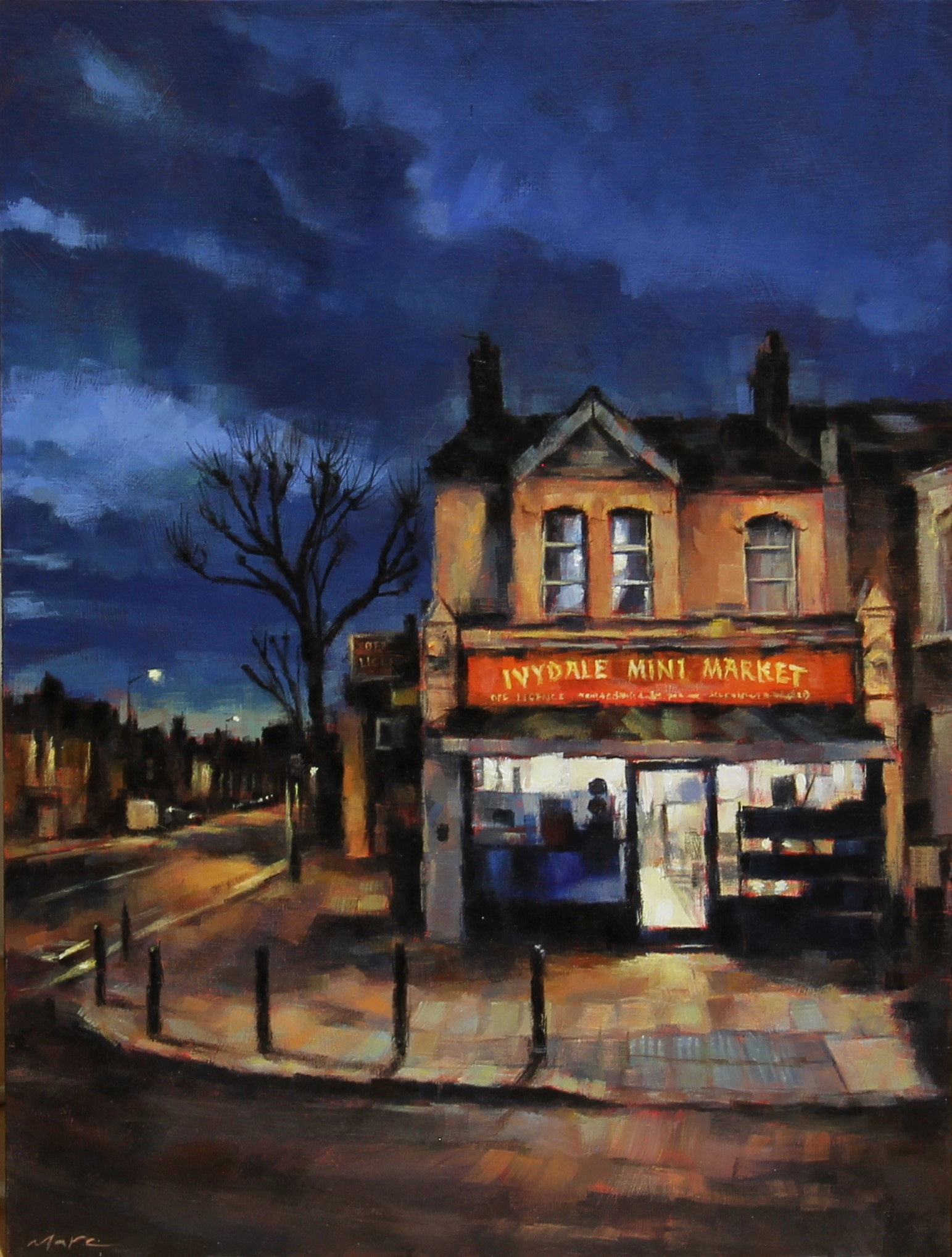 'Open Late,' a painting of a corner store at night with a lit sign and street view.