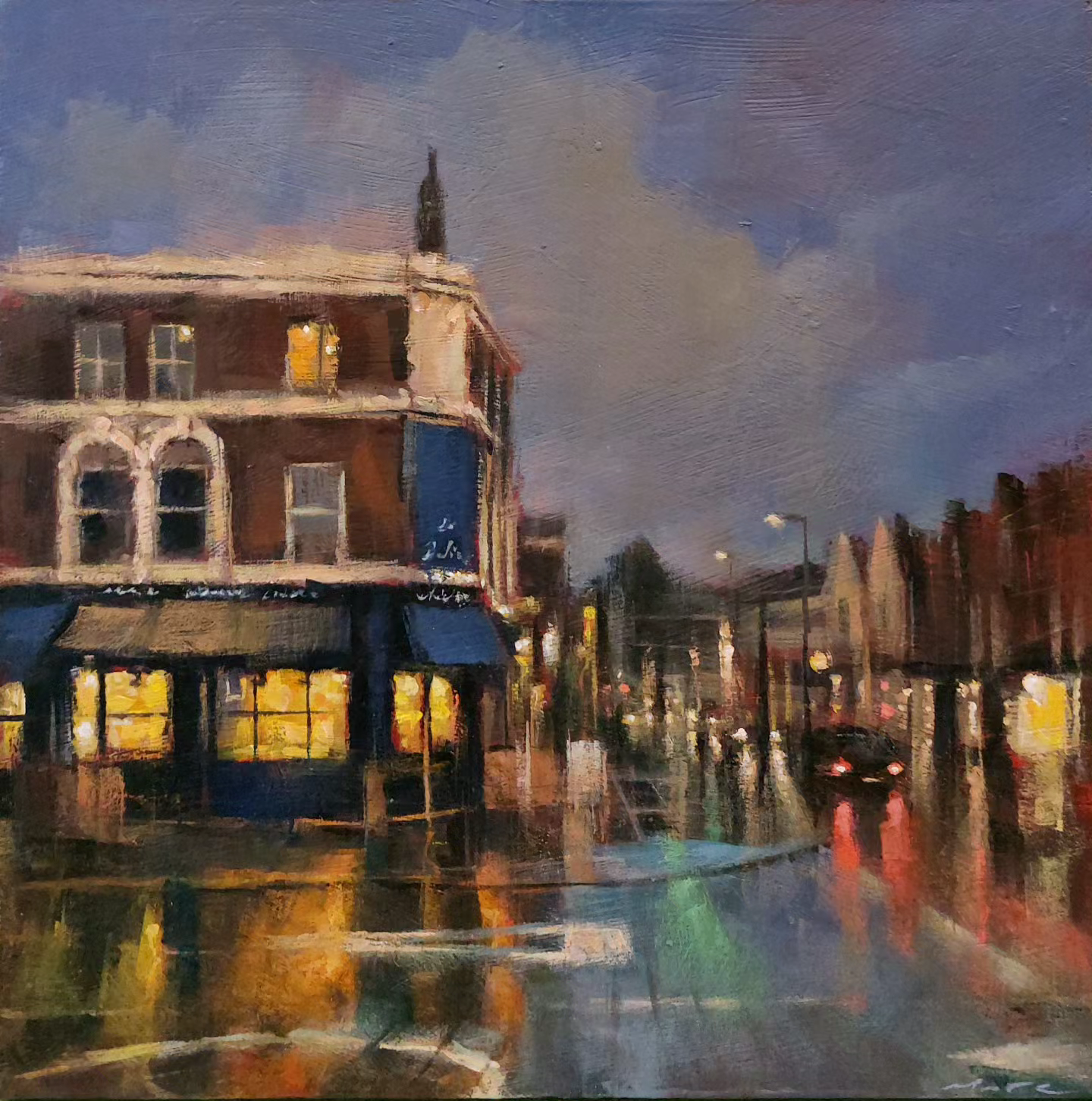 'Ladywell in the Rain,' a painting of a rainy street scene with illuminated buildings and reflections on the wet pavement.