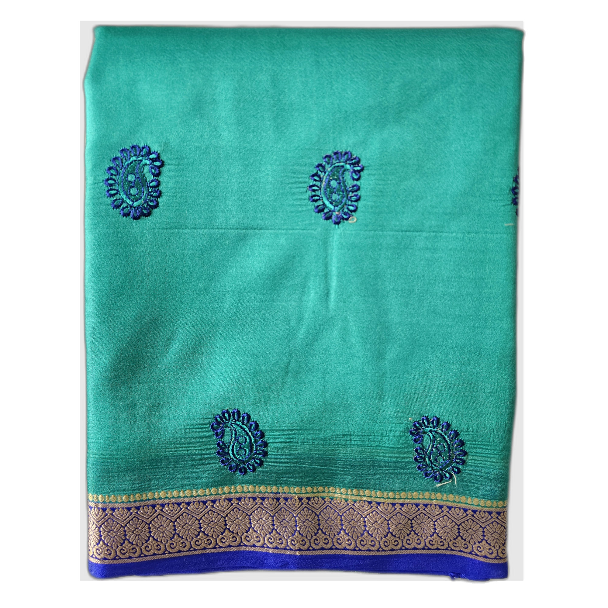 100% Pure Turquoise Silk Saree with Royal Blue Gold Border and Mango Butta Embroidery