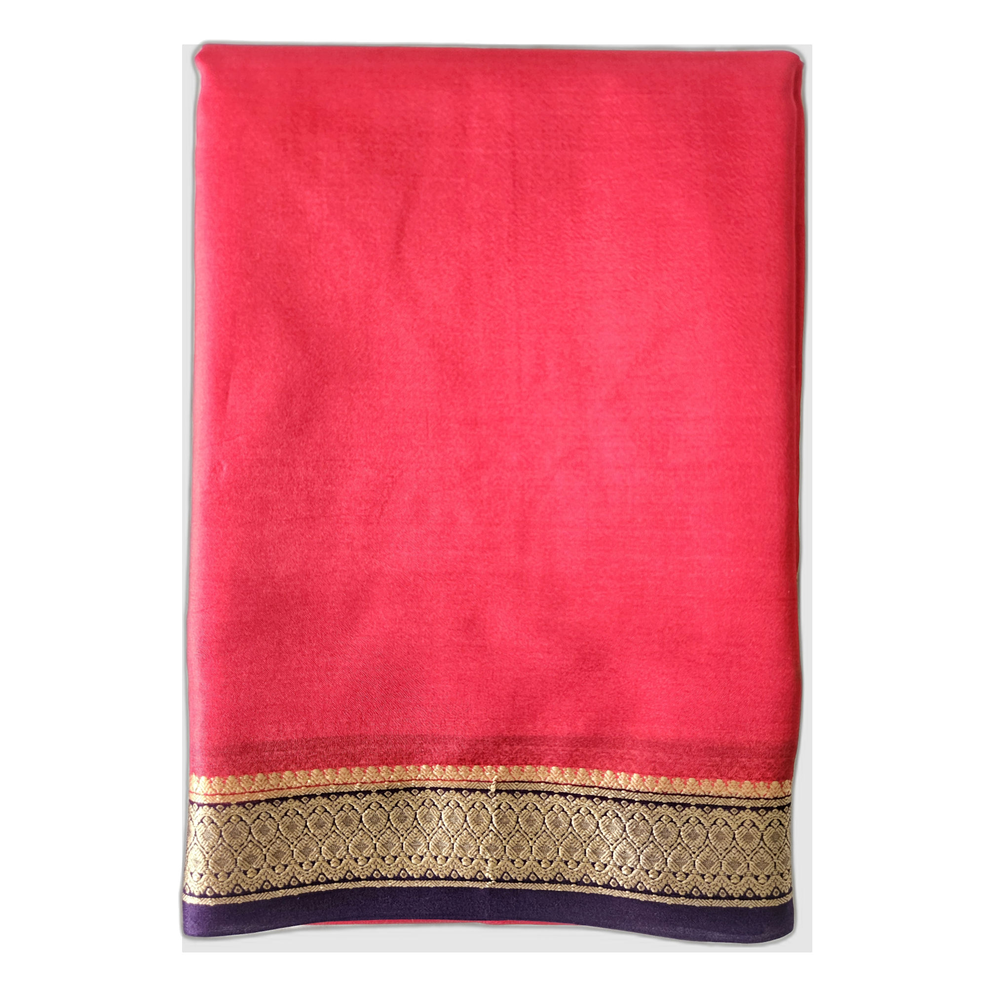 100% Pure Rani Red Silk Saree with Royal Purple Gold Zari Border