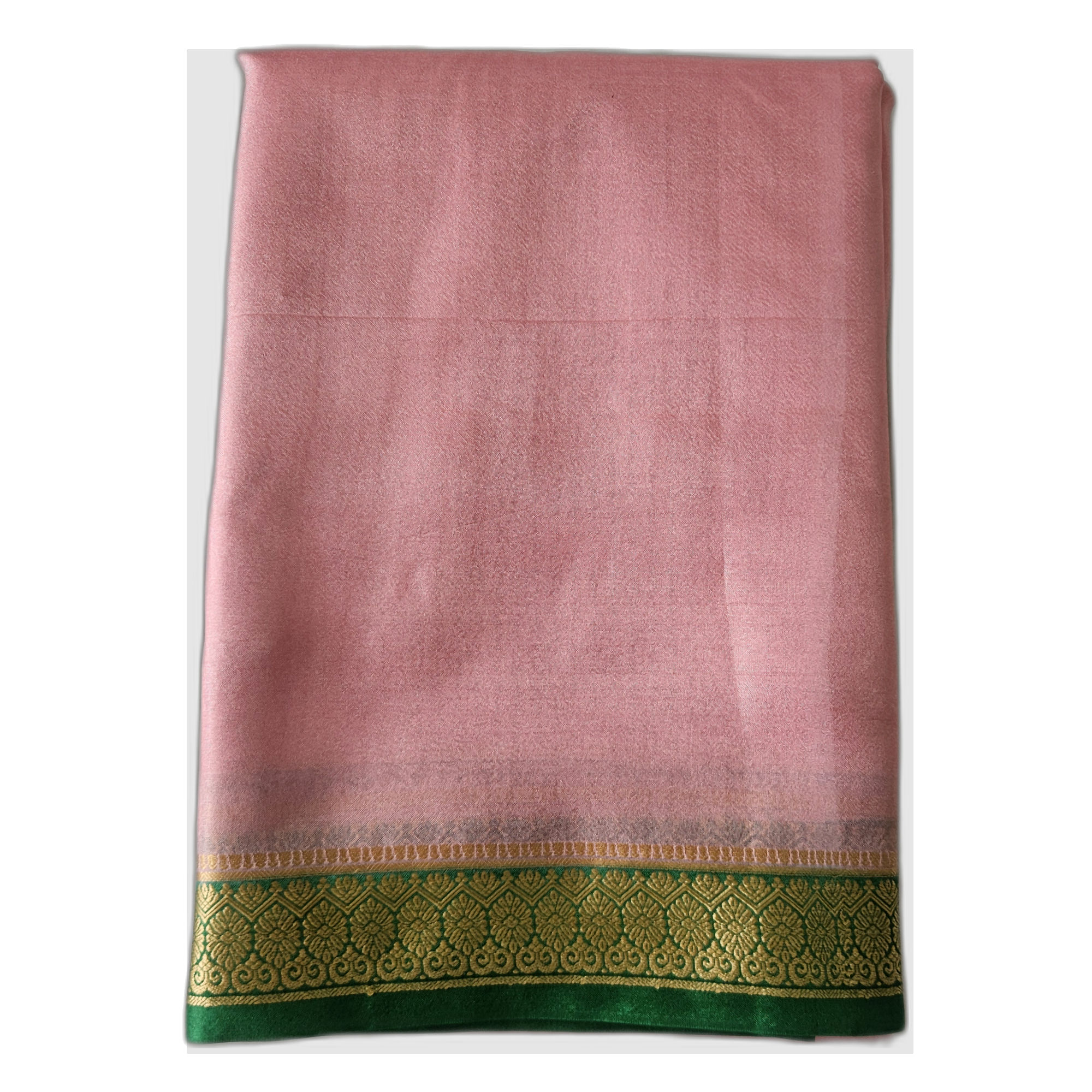 100% Pure Baby Pink Silk Saree with Emerald Green Gold Zari Border
