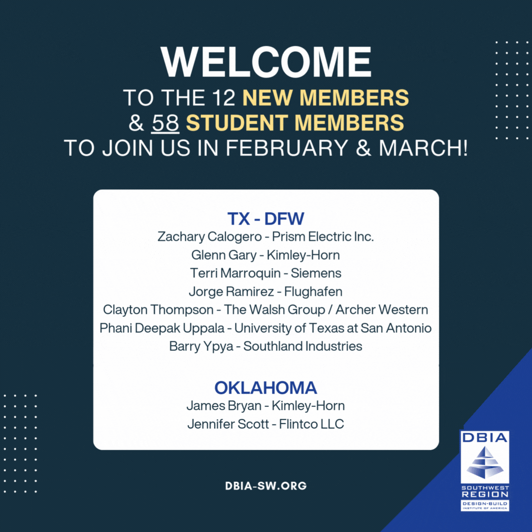 Welcome message with a dark background announces 12 new DBIA-SW members from Oklahoma and TX-DFW.