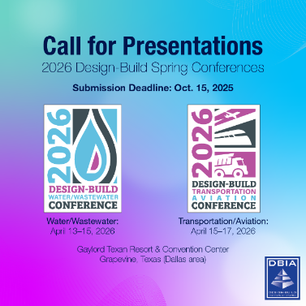 Call for presentations for 2026 Design-Build Spring Conferences. Deadline: Oct. 15, 2025. Event in Grapevine, TX. Blue gradient background.