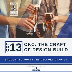 Event poster for "OKC: The Craft of Design-Build" on Oct 13. Displaying people clinking glasses. Sponsored by JE Dunn.