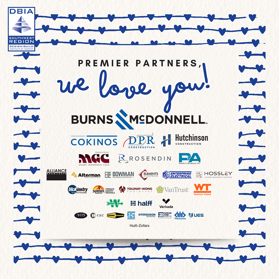 Blue hearts border an appreciation graphic with logo and text: "Premier Partners, we love you!" featuring multiple company logos.