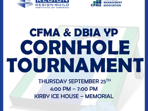 Cornhole Tournament flyer. Date: Thursday, Sept 25th, 4-7 PM. Location: Kirby Ice House - Memorial. Blue/green cornhole board graphics.