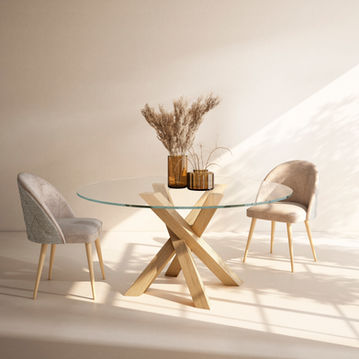 Mesa Redonda Tapa de Cristal Pie Cruceta 