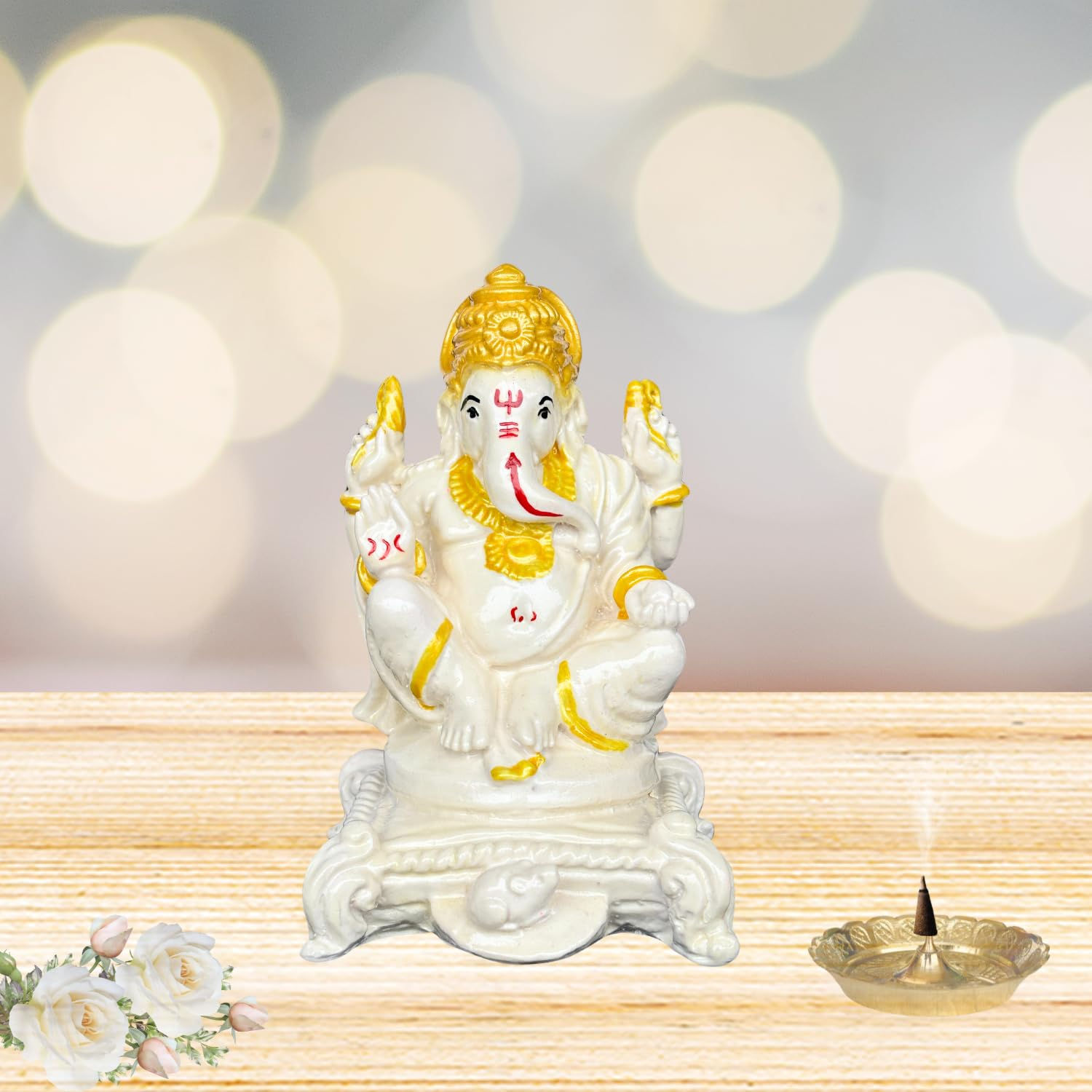 Salvus APP SOLUTIONS Marble Dust Ganesh Idol for Home (White & Golden_4x6 inch)