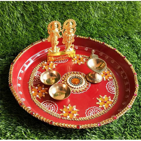 Thumbnail: Salvus APP SOLUTIONS Metal Thali Set with Laxmi Ganesh and Diya (Multicolor)