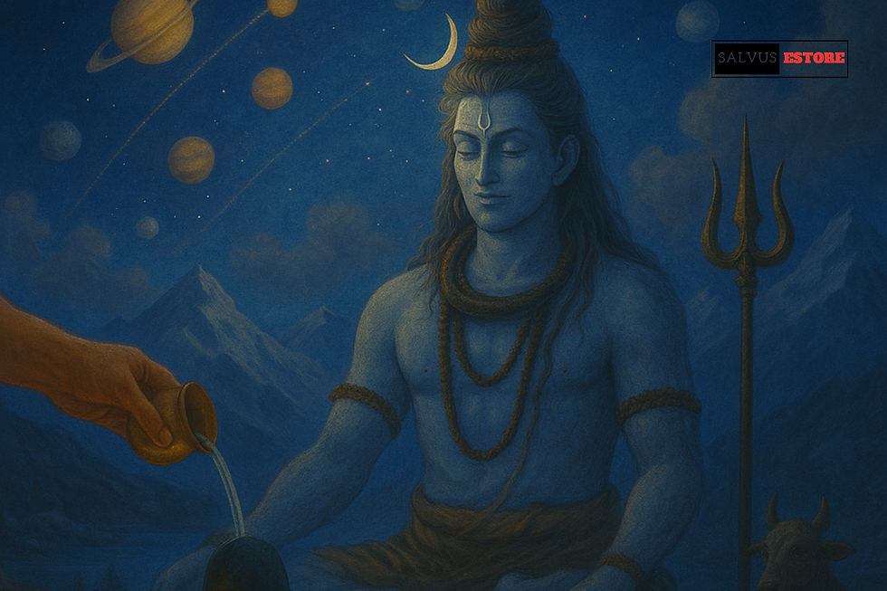 A serene digital painting of Lord Shiva seated on Mount Kailash, with a glowing crescent moon on his matted hair and the Ganga flowing from it.