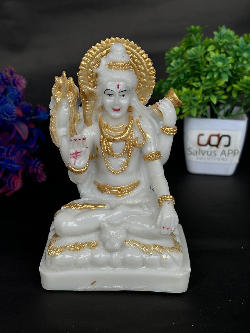Salvus APP SOLUTIONS Marble dust Shiva Idol for Pooja (White & Gold_3.5x3.5 In)