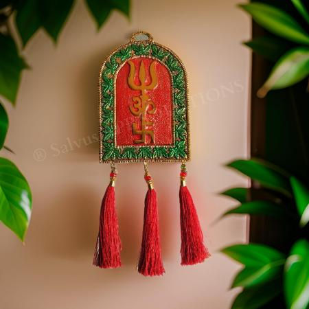 Thumbnail: Salvus APP SOLUTIONS Metal Om Trishul Swastik Trishakti Frame(Red_3.5x5.5 inch)