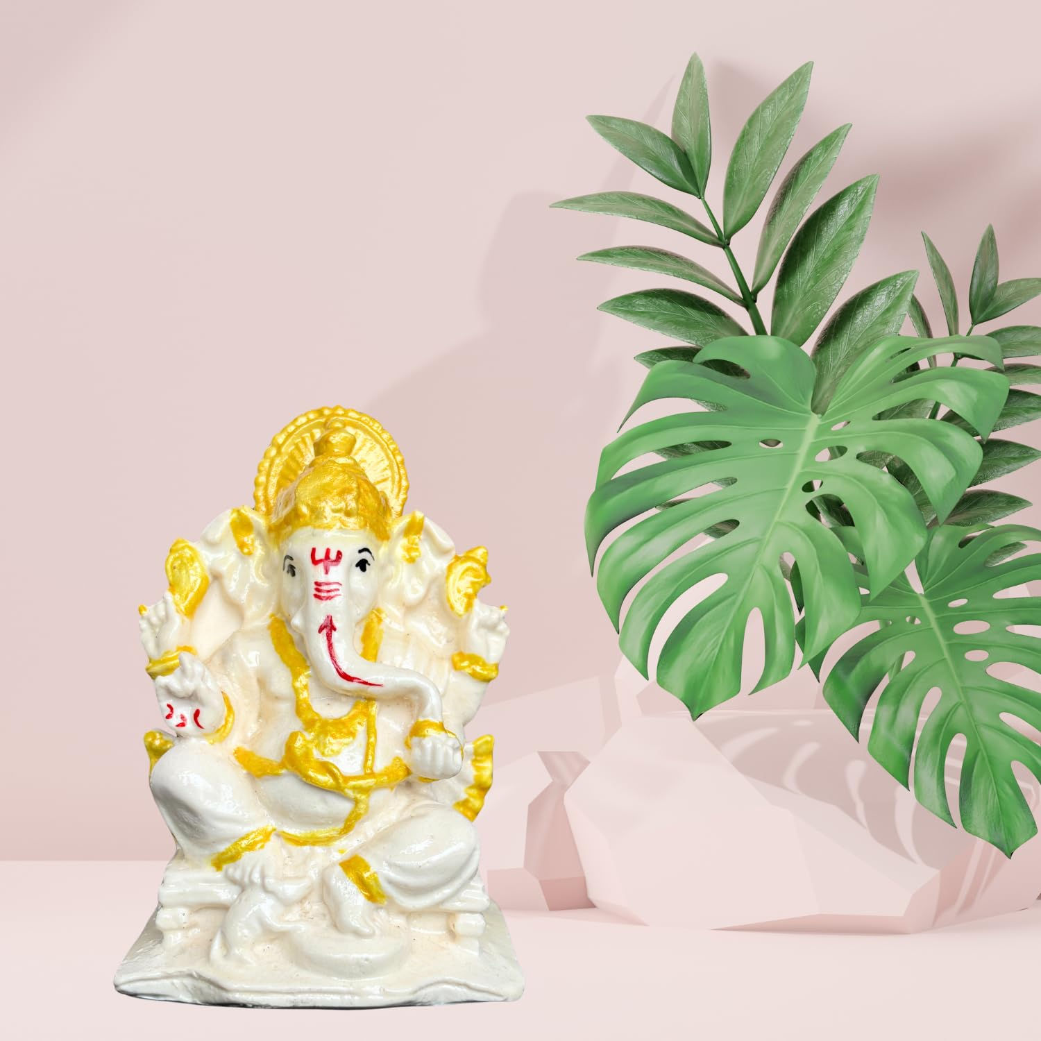 Salvus APP SOLUTIONS Marble Dust Ganesh Idol for Home (White & Golden_3x4 inch)