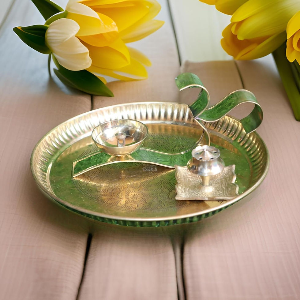 Thumbnail: Salvus APP SOLUTIONS Brass Thali with Om Diya and Agarbatti Stand (Golden_8 In)