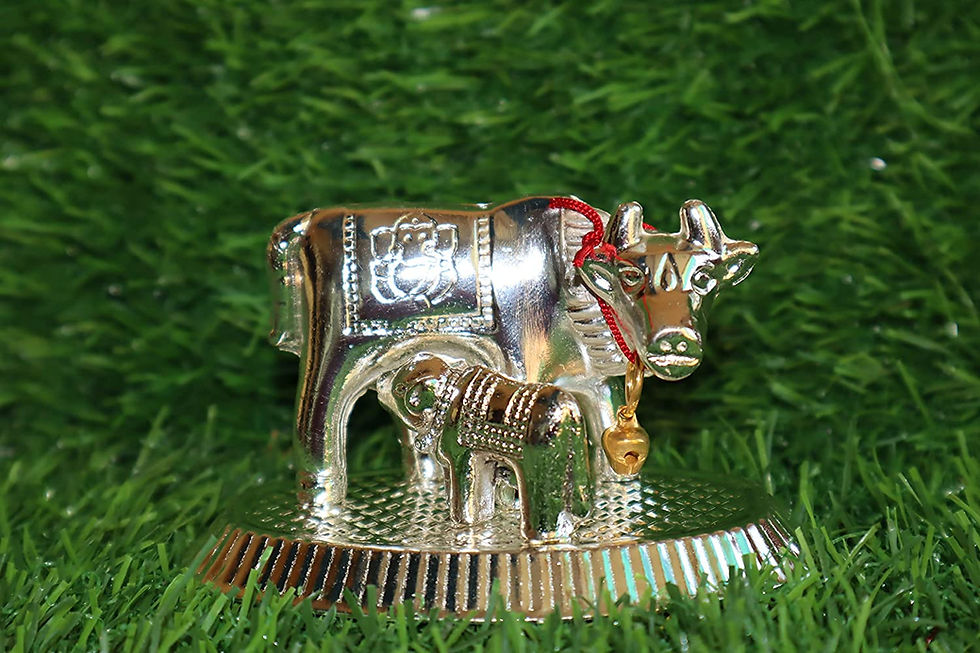Thumbnail: Metal Silver Kamdhenu Cow with Calf Spiritual (9 cm)