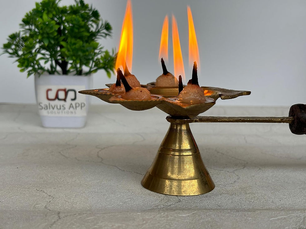 Thumbnail: Salvus APP SOLUTIONS Brass Panchmukhi Deepak with Wooden Handle (5x3x9 Inch)